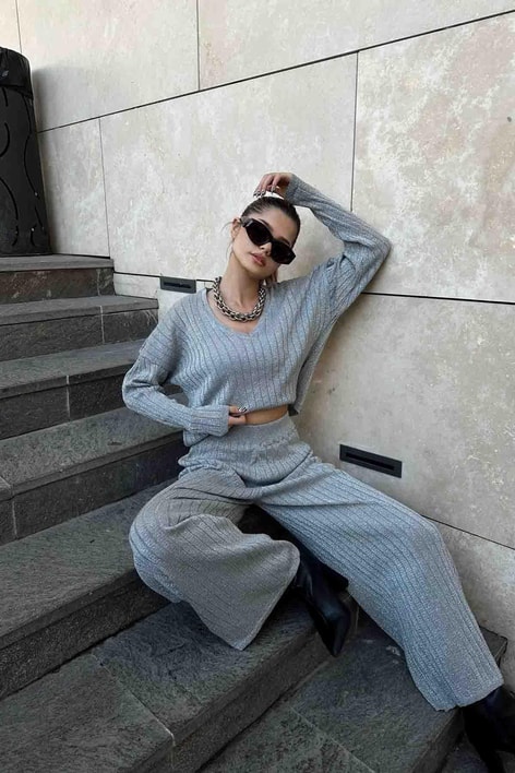 Simli Oversize Fitilli Takım Gümüş