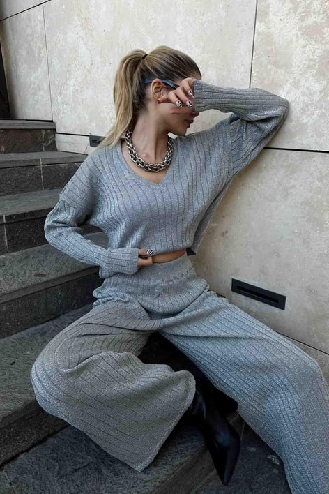 Simli Oversize Fitilli Takım Gümüş