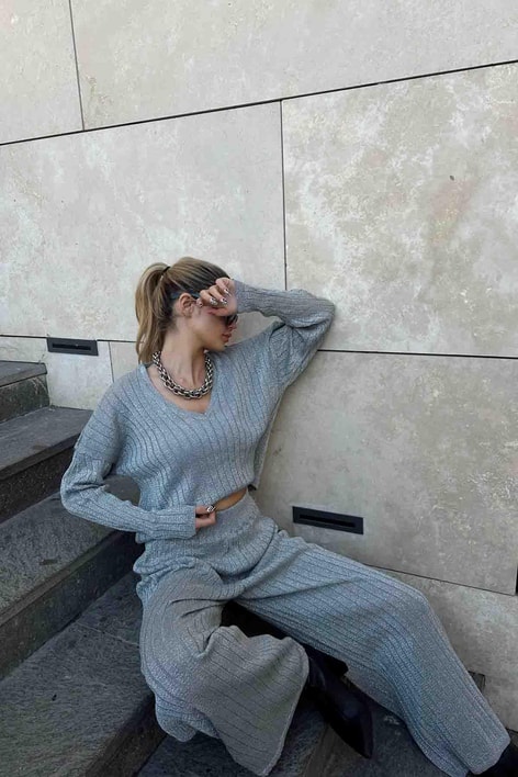 Simli Oversize Fitilli Takım Gümüş