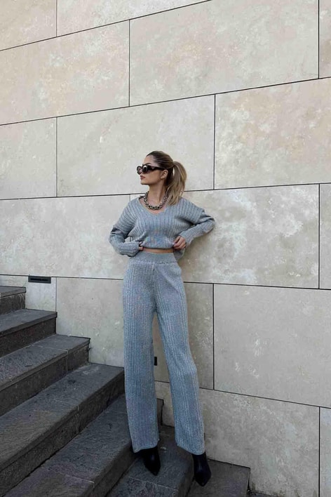 Simli Oversize Fitilli Takım Gümüş