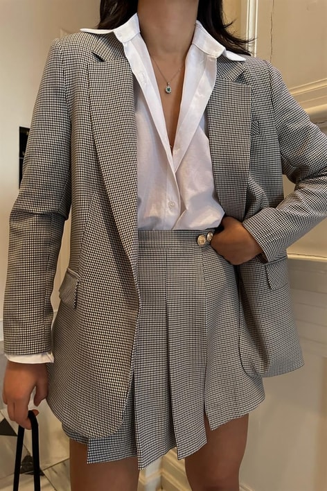 Şort Etekli Blazer Çizgili Takım Lacivert