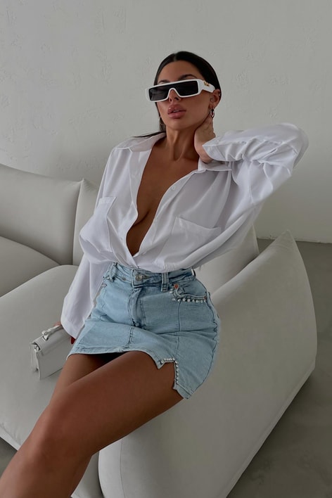 Su Yolu Taşlı Yırtmaçlı Etek Buz Mavi