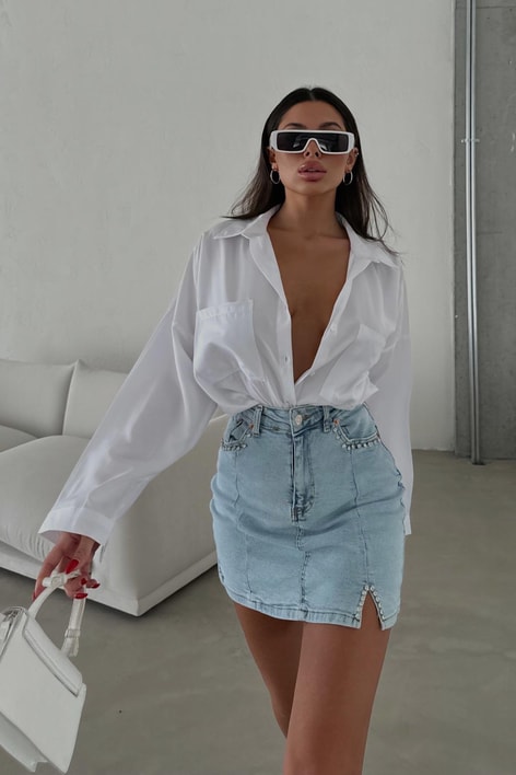 Su Yolu Taşlı Yırtmaçlı Etek Buz Mavi