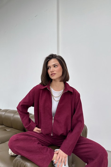 Süet Bomber Ceket Pantolon Takım Bordo