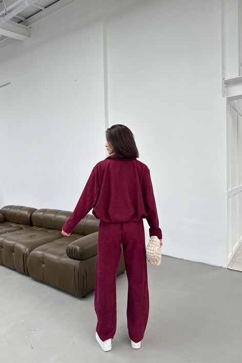 Süet Bomber Ceket Pantolon Takım Bordo