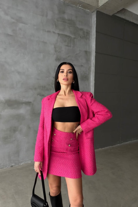 Tek Düğme Blazer Etek Takım Fuşya