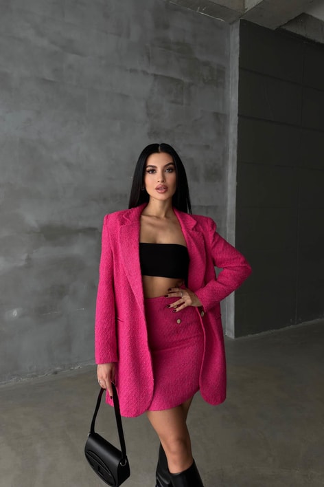 Tek Düğme Blazer Etek Takım Fuşya