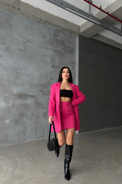 Tek Düğme Blazer Etek Takım Fuşya