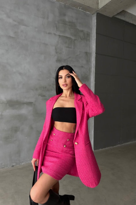 Tek Düğme Blazer Etek Takım Fuşya