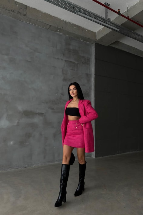 Tek Düğme Blazer Etek Takım Fuşya