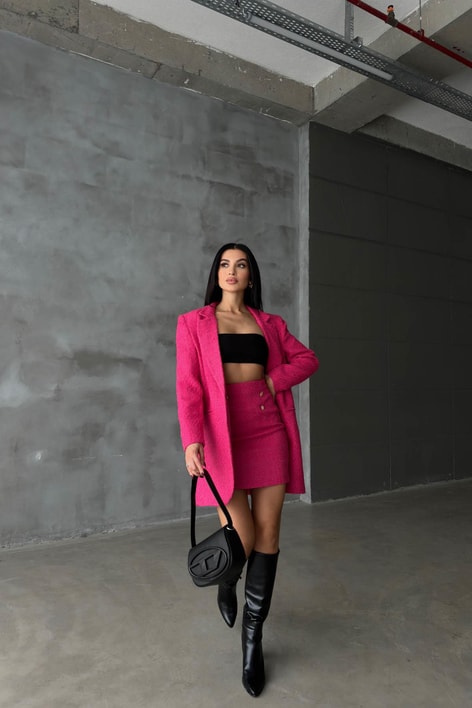 Tek Düğme Blazer Etek Takım Fuşya