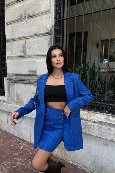 Tek Düğme Blazer Etek Takım Saks Mavisi