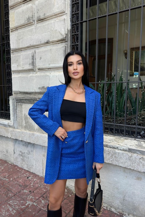 Tek Düğme Blazer Etek Takım Saks Mavisi