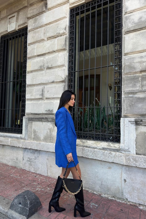 Tek Düğme Blazer Etek Takım Saks Mavisi