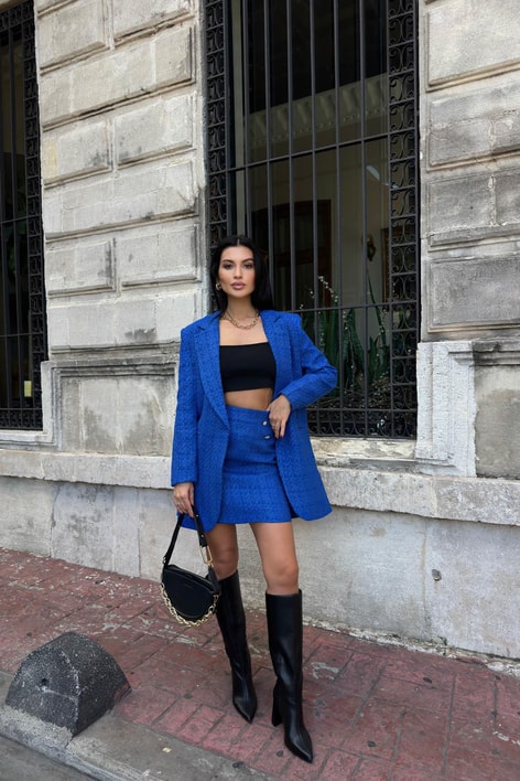 Tek Düğme Blazer Etek Takım Saks Mavisi