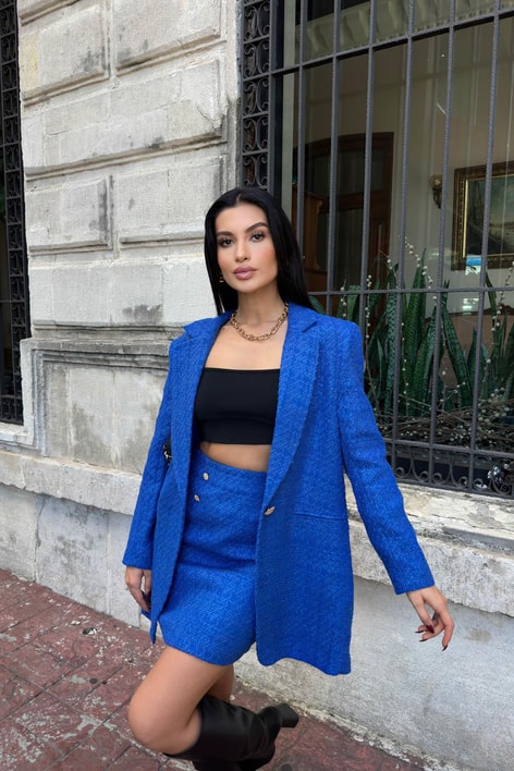 Tek Düğme Blazer Etek Takım Saks Mavisi