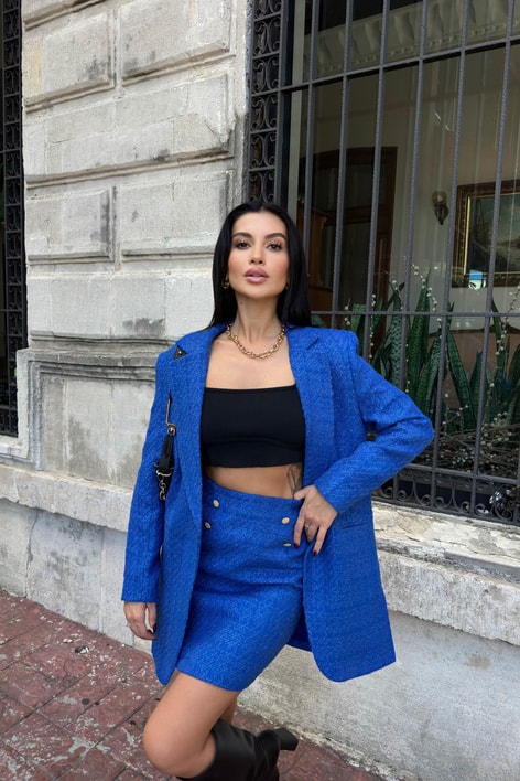 Tek Düğme Blazer Etek Takım Saks Mavisi