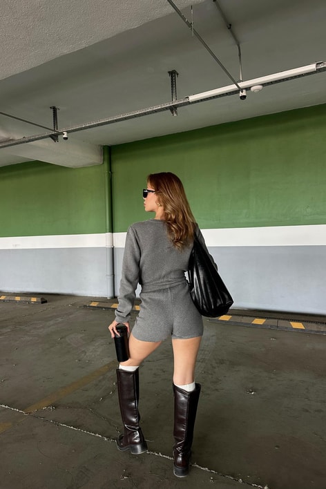 Triko Bodysuit Şort Takım Gri