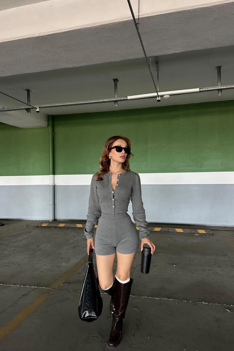 Triko Bodysuit Şort Takım Gri