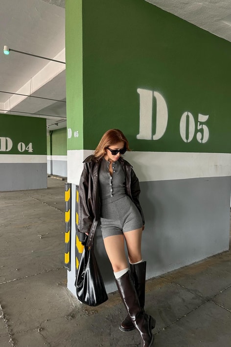 Triko Bodysuit Şort Takım Gri