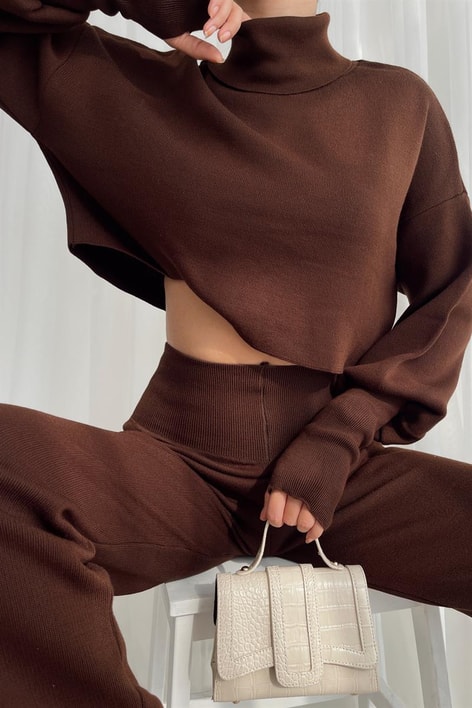 Triko Crop Pantolon Takım Koyu Kahve