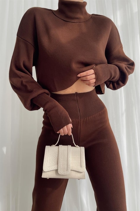 Triko Crop Pantolon Takım Koyu Kahve