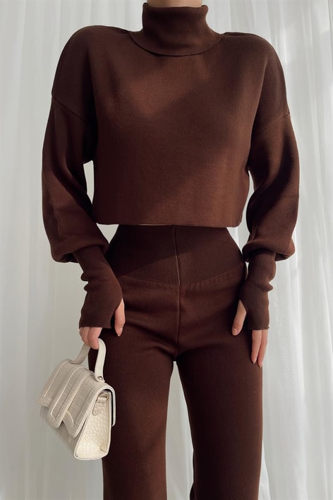 Triko Crop Pantolon Takım Koyu Kahve