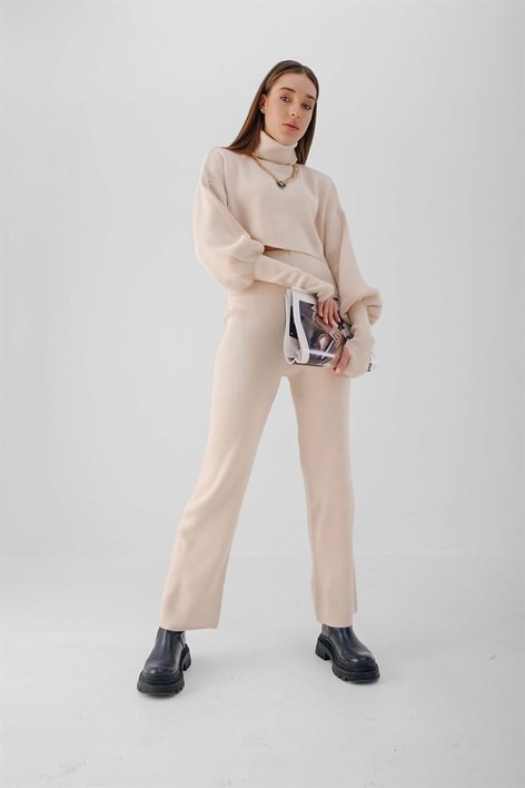 Triko Crop Pantolon Takım Taş