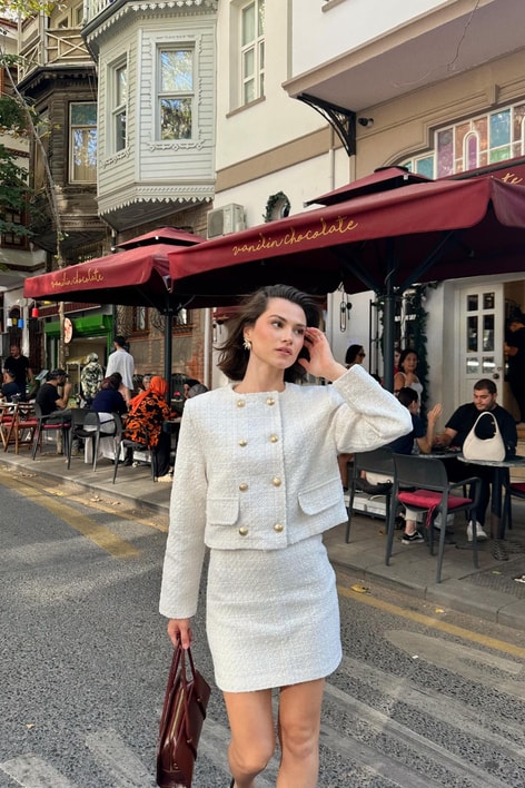 Tüvit Ceket Etek Takım Ekru