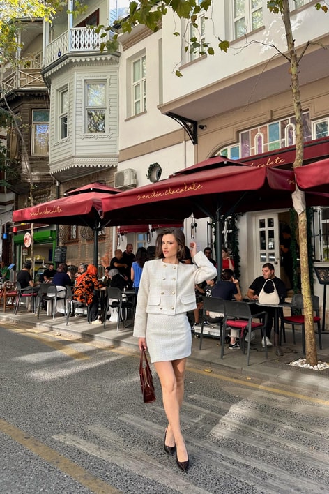 Tüvit Ceket Etek Takım Ekru