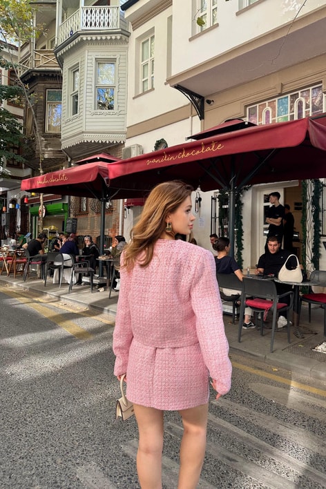 Tüvit Ceket Etek Takım Pudra