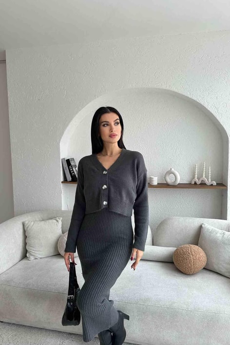 Üç Düğme Hırka Elbise Triko Takım Gri
