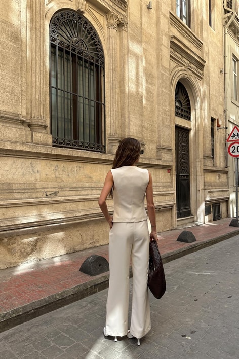 Yelekli Palazzo Kumaş Takım Krem