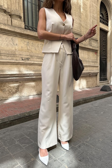 Yelekli Palazzo Kumaş Takım Krem
