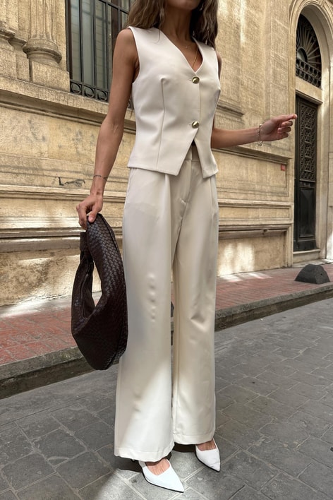 Yelekli Palazzo Kumaş Takım Krem