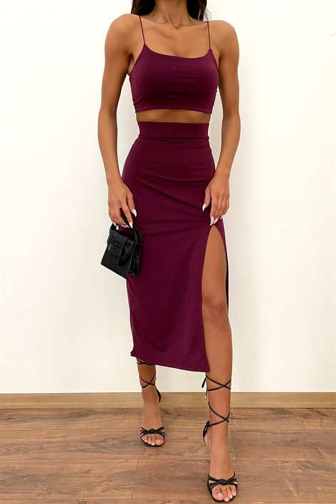 Yırtmaç Detay Etekli Takım Mürdüm