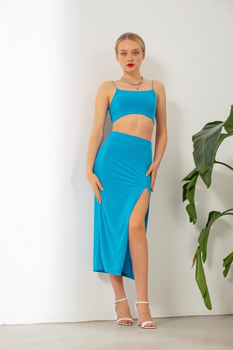 Yırtmaç Detay Etekli Takım Turkuaz