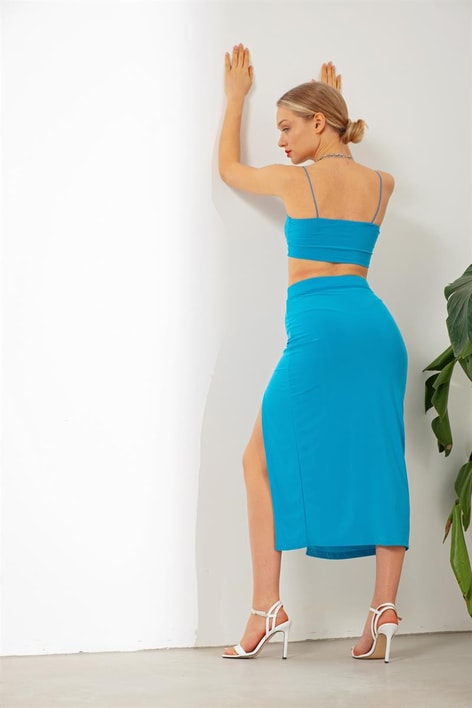 Yırtmaç Detay Etekli Takım Turkuaz