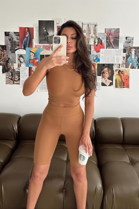 Yüksek Bel Biker Tayt Camel