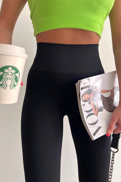 Yüksek Bel Fitilli Tayt Siyah