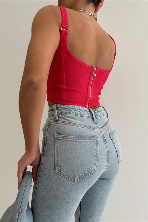 Arka Fermuarlı Korsaj Crop Top Fuşya