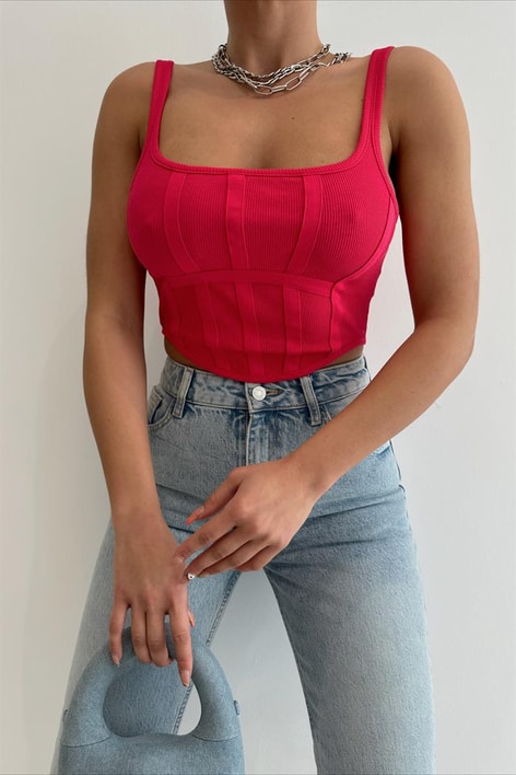 Arka Fermuarlı Korsaj Crop Top Fuşya