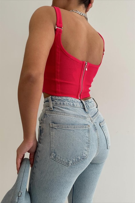 Arka Fermuarlı Korsaj Crop Top Fuşya