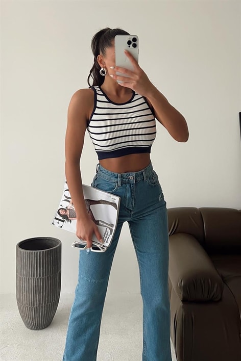 Çizgili Halter Yaka Top Beyaz