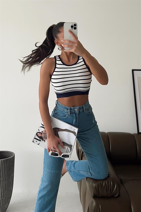 Çizgili Halter Yaka Top Beyaz