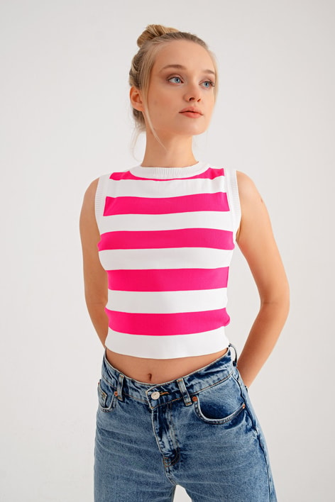 Çizgili Triko Top Pembe