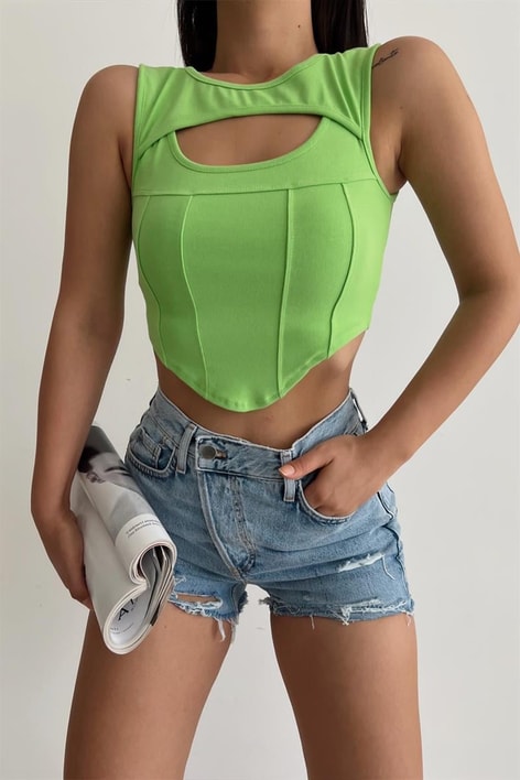 Cut Out Korsaj Top Fıstık Yeşili