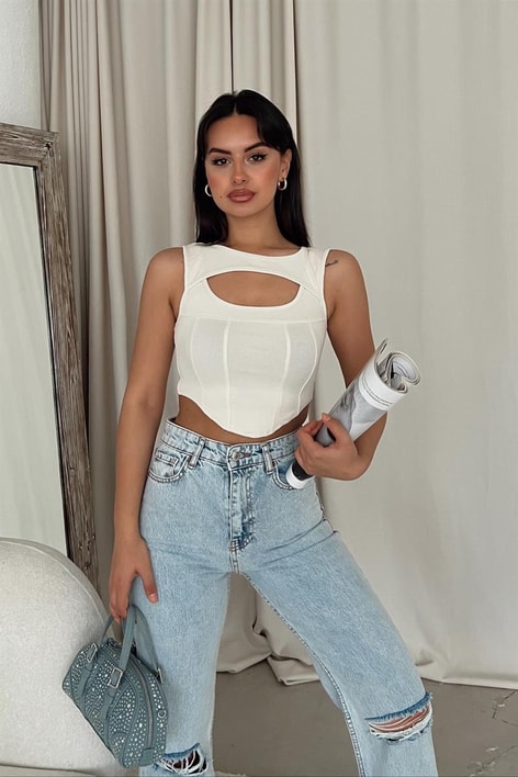 Cut Out Korsaj Top Krem