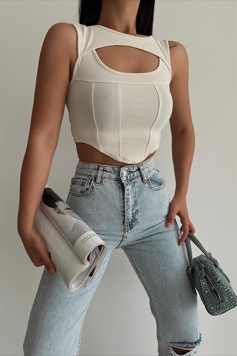 Cut Out Korsaj Top Krem