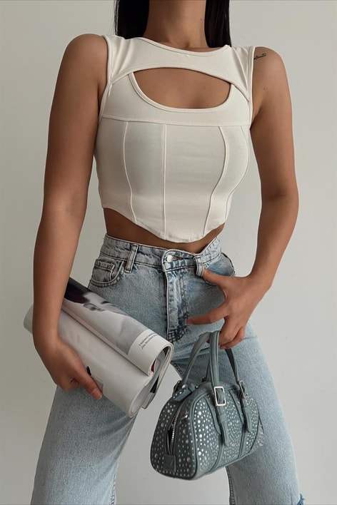 Cut Out Korsaj Top Krem